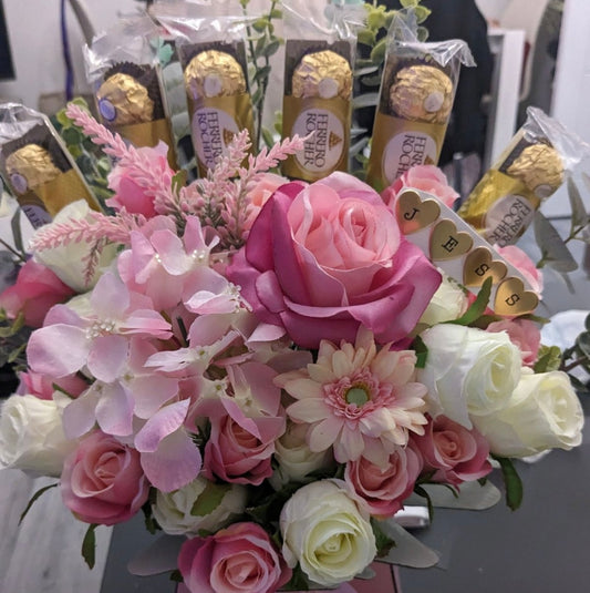 Pink Basket of Florals and Sweets